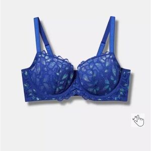 Blue lace balconette underwire bra